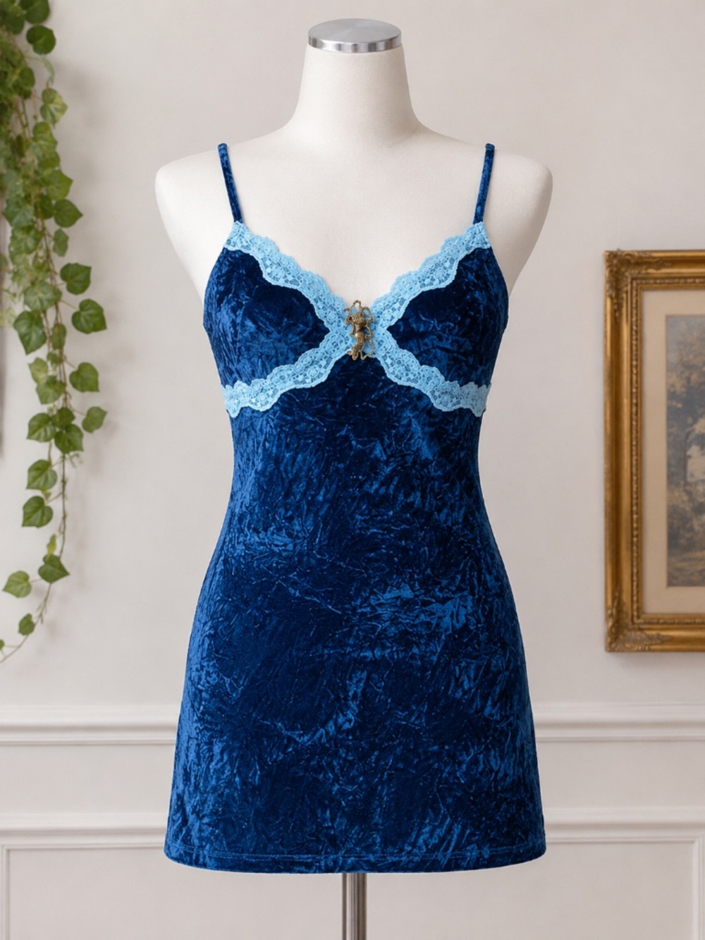 Shirley of Hollywood Crushed Velvet Chemise Cami Womens S Blue Y2K Fairycore